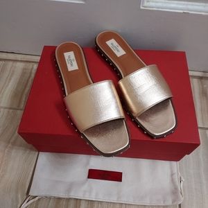 Valentino Rockstud Metallic Rose Gold Square Toe Slide Sandal